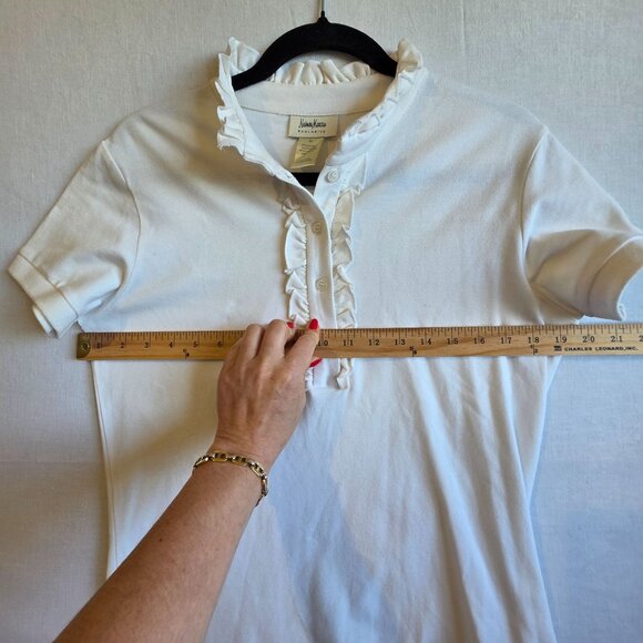 Neiman Marcus Ruffle Collar Top Womens Medium Flounce Neck White Short Sleeve - Picture 6 of 6